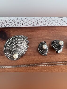 Sterling Silver-Pearl Accent Fan Brooch and Clip-On Earrings - Set